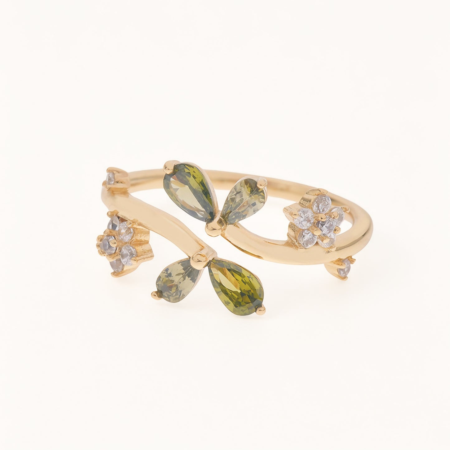 Dual‑Leaf Olive Green Accent Open Ring