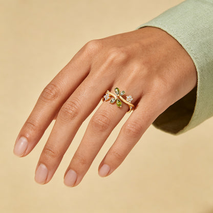 Dual‑Leaf Olive Green Accent Open Ring