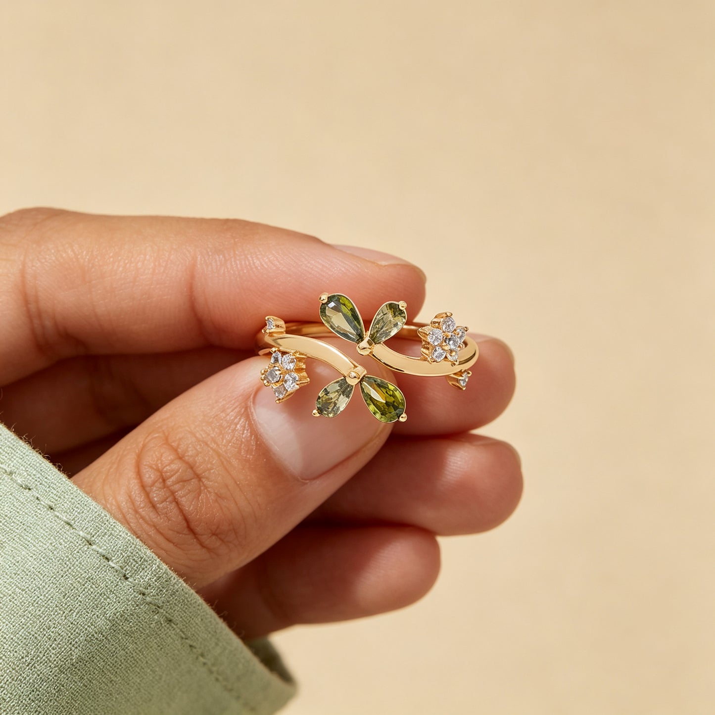 Dual‑Leaf Olive Green Accent Open Ring