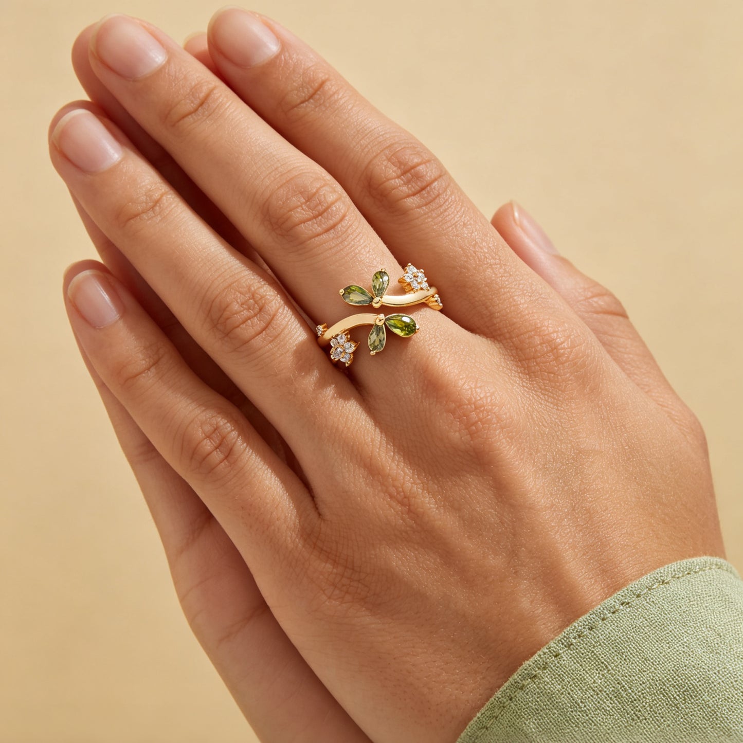 Dual‑Leaf Olive Green Accent Open Ring