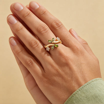 Dual‑Leaf Olive Green Accent Open Ring