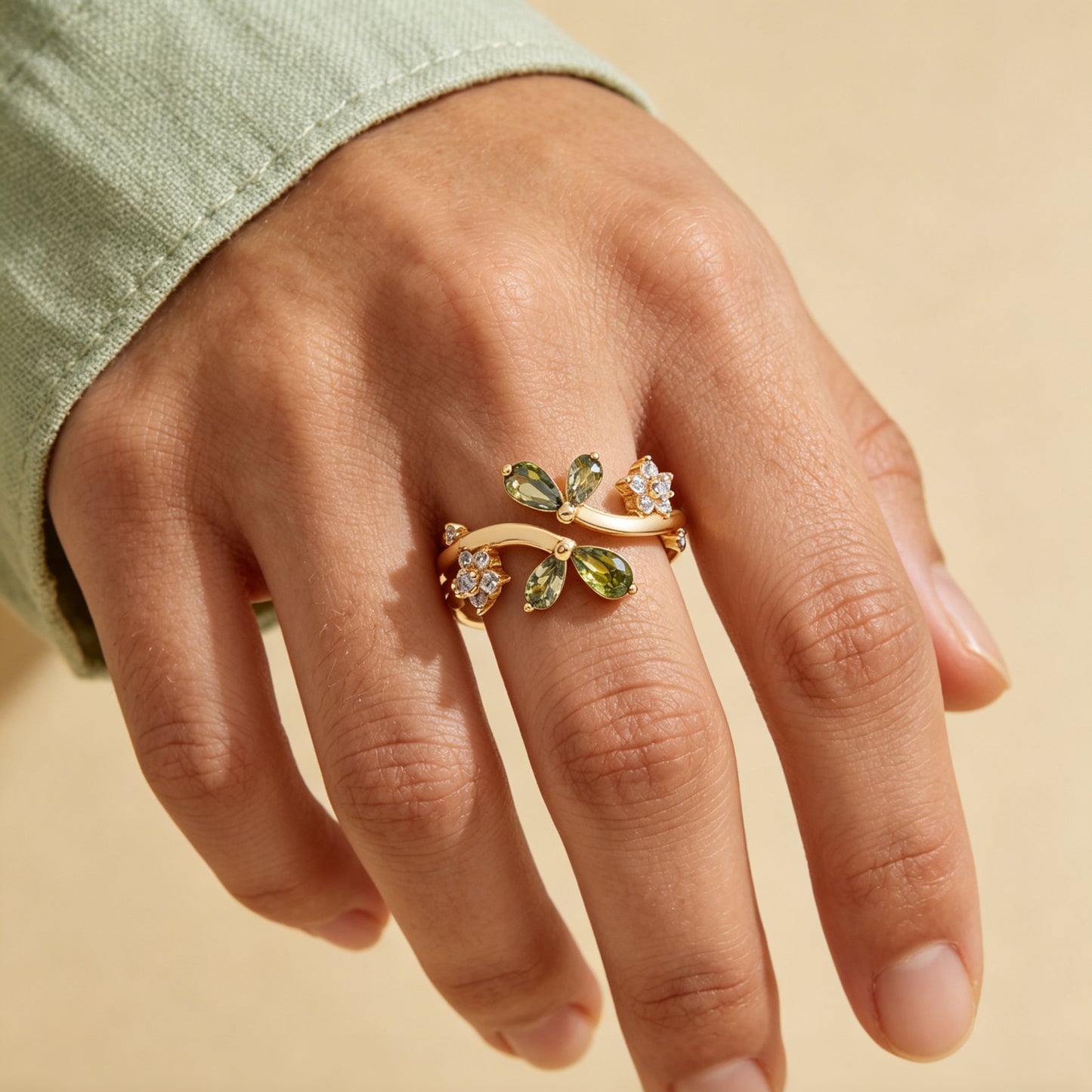 Dual‑Leaf Olive Green Accent Open Ring