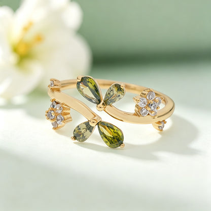 Dual‑Leaf Olive Green Accent Open Ring