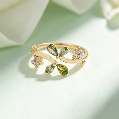Dual‑Leaf Olive Green Accent Open Ring
