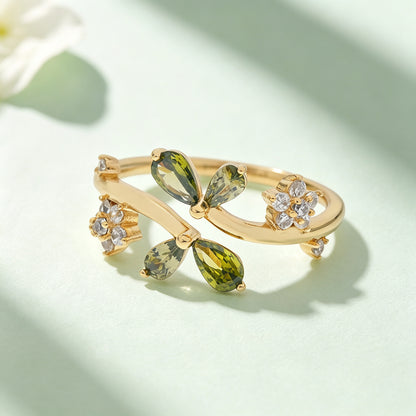 Dual‑Leaf Olive Green Accent Open Ring